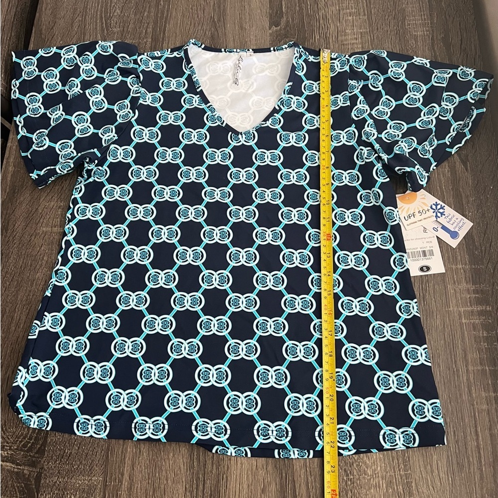 Lulu B Cooling UPF 50 Top Navy Aqua Geo Print Size Small NWT NEW with tags sm s‌ - Picture 5 of 12
